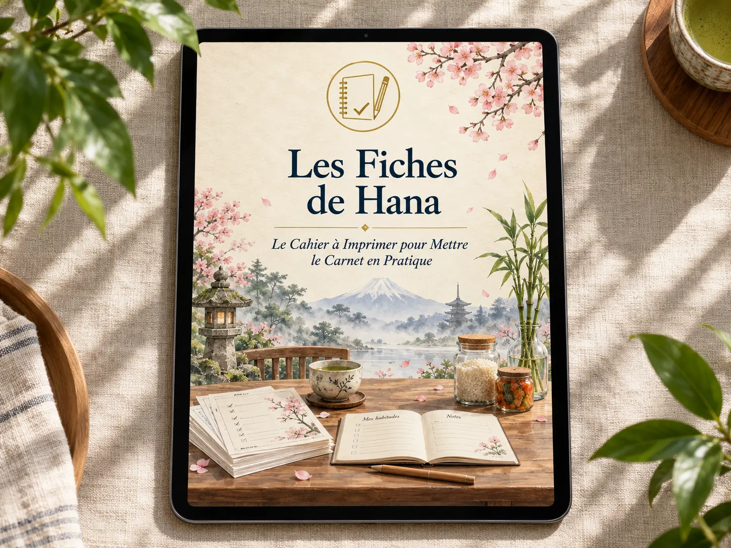 Le cahier Les Fiches de Hana sur une tablette